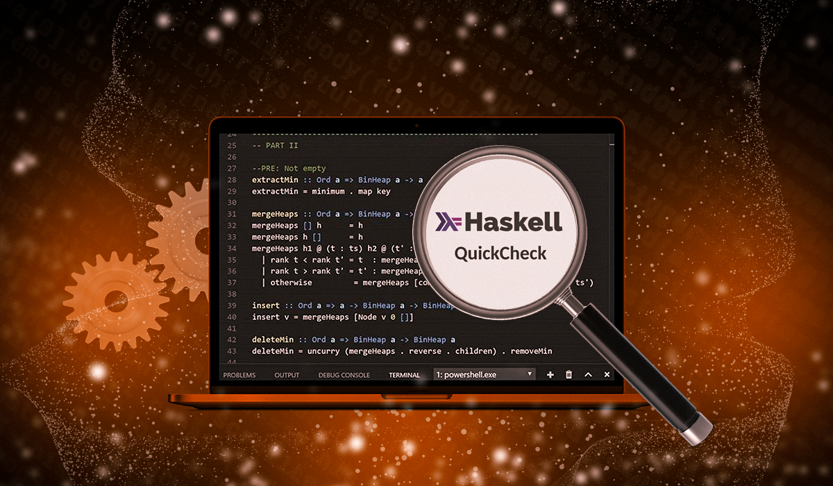 An illustration featuring a laptop screen displaying Haskell code, with a magnifying glass highlighting the words 'Haskell QuickCheck'. The background is a dark orange with floating gears and particles, emphasizing the theme of software testing and development.